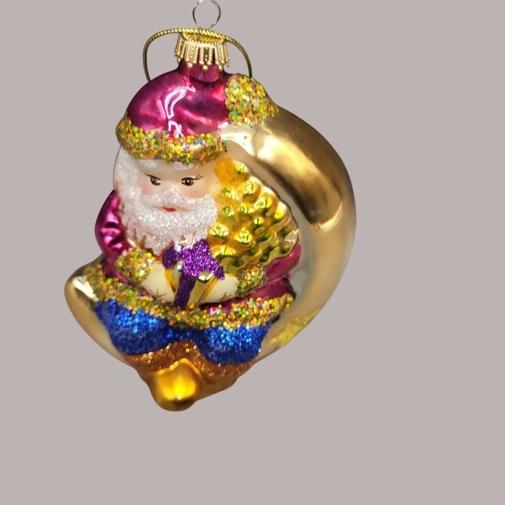Vintage Hand Blown Glass Christmas Ornament Santa Claus On Moon Holiday Decor - Picture 4 of 7